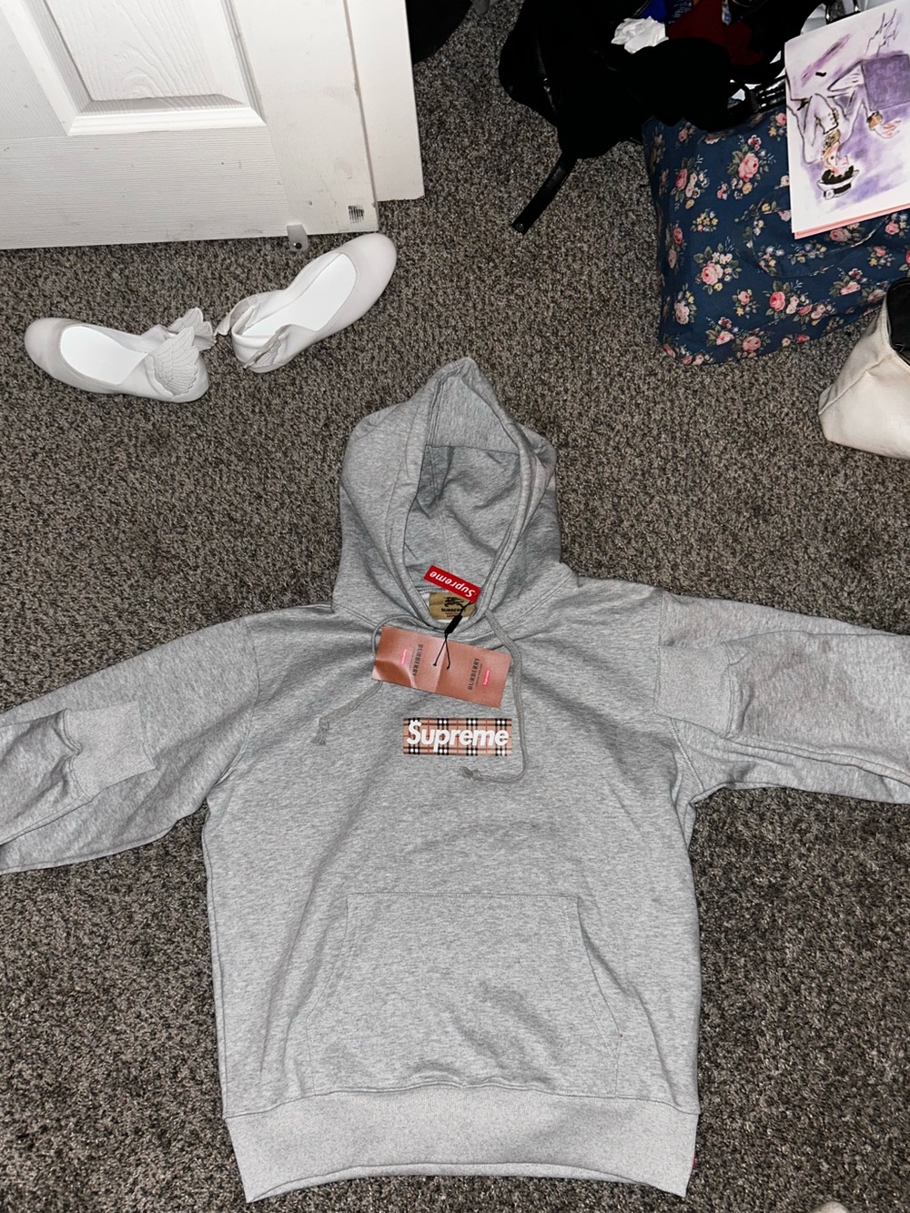 Supreme Burberry Gray Crewneck Sweater with Logo Patch